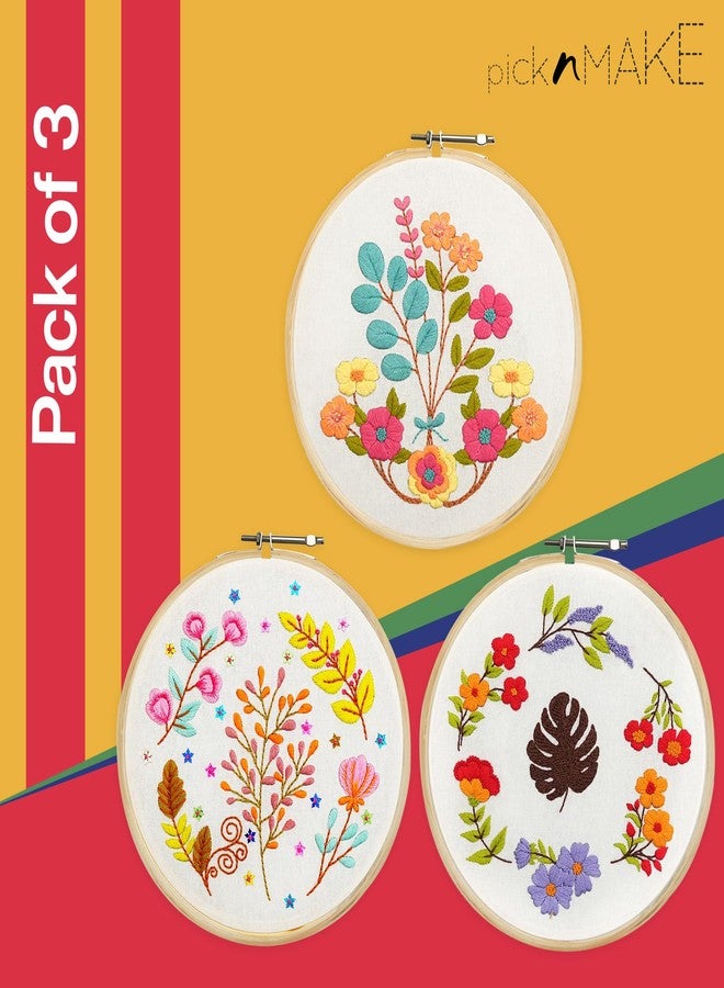 picknMAKE DIY Cross Stitch Hand Embroidery Kit For Beginners Adult, Kids with Pattern & Cloth, Multicolor Floral Design, Written Instructions, Embroidery Hoop & All Other Materials Included (Pack of 3 Kits) - Image 5